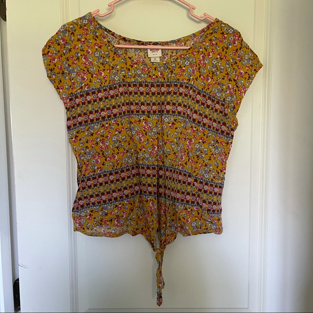 Yellow floral blouse with knot in front